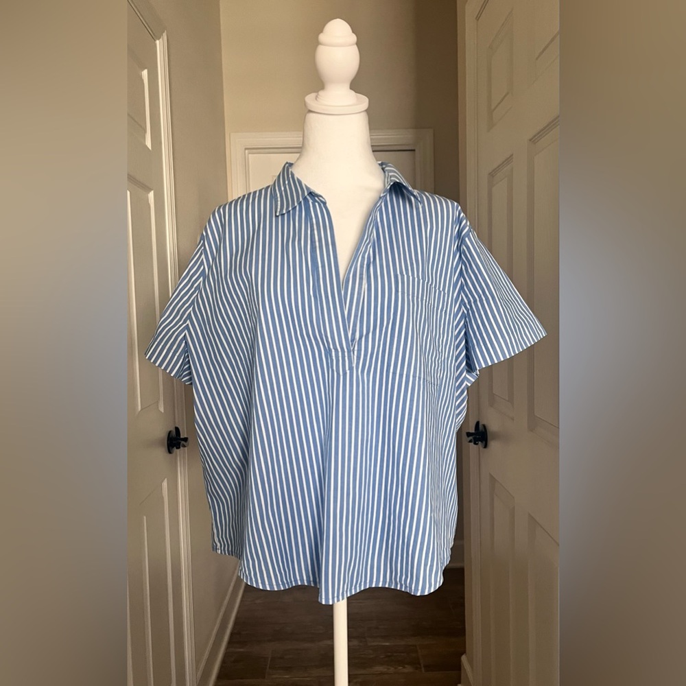 J. Crew Women's Blue and White Striped short sleeve Poplin Popover Top.NWT - Picture 3 of 9